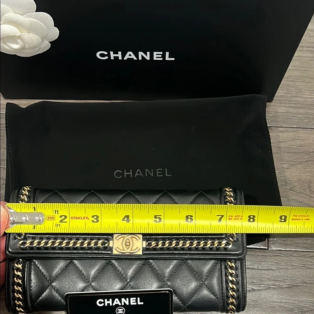 RARE!! Chanel Black and Gold Quilted distressed chain flap wallet